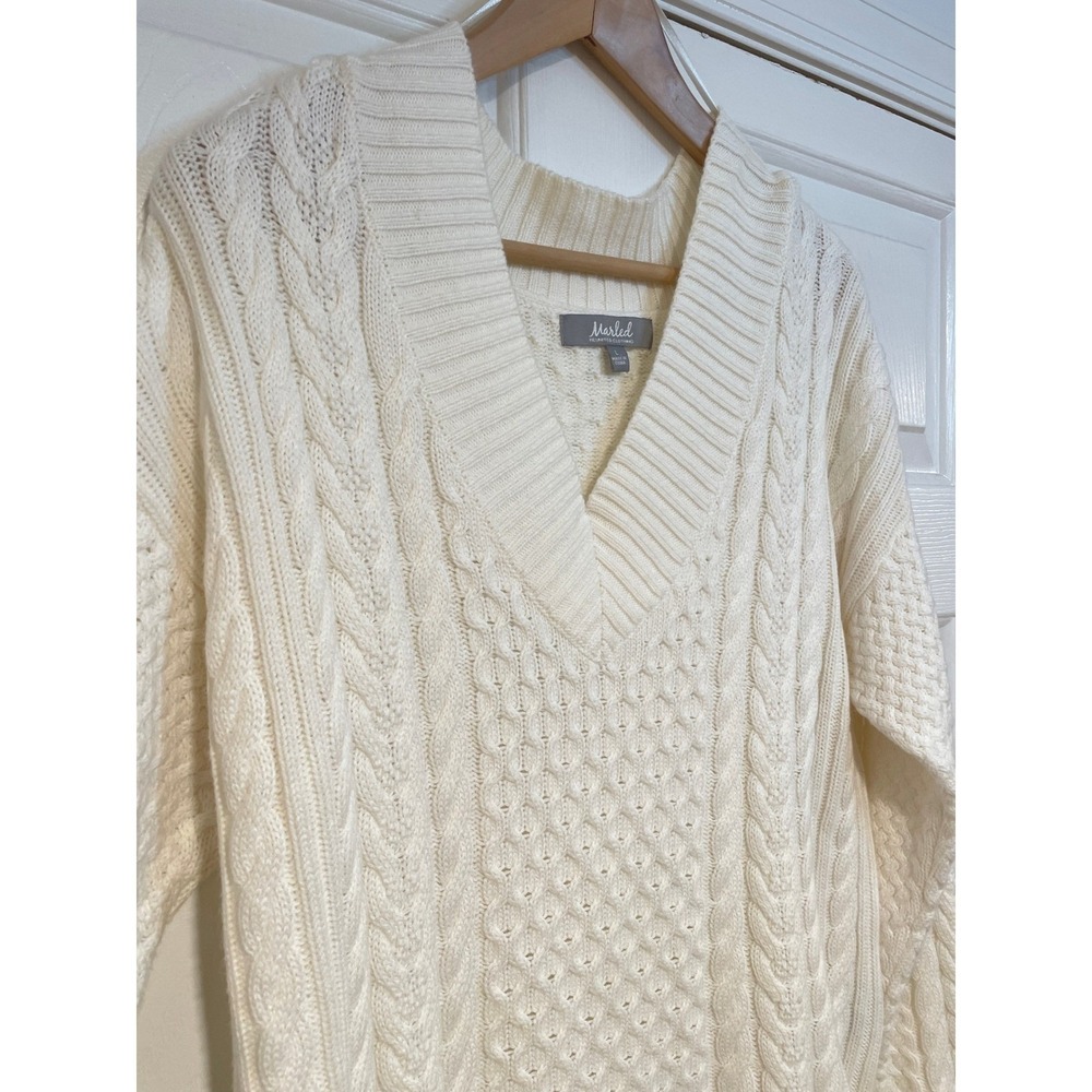 Marled Cotton Women's L Ivory Cable Knit V Neck Tunic Sweater Long Relaxed Warm‎